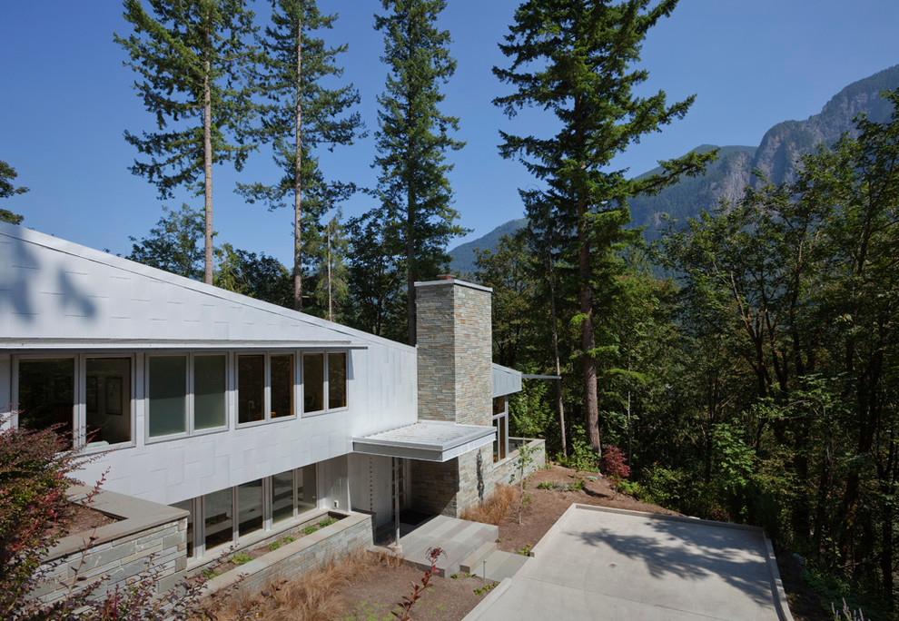 Свежая идея для дизайна: двухэтажный, серый дом в современном стиле с комбинированной облицовкой и односкатной крышей - отличное фото интерьера