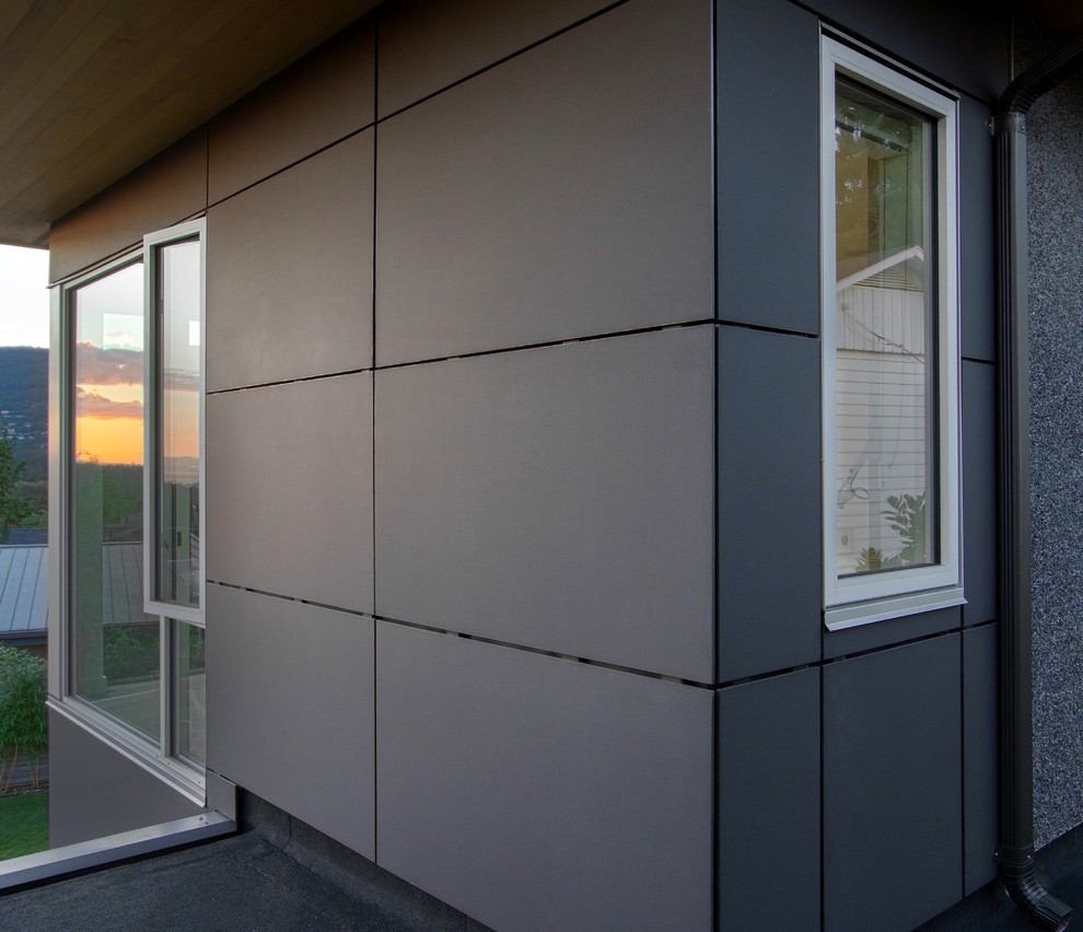 バンクーバーにあるコンテンポラリースタイルのおしゃれな家の外観 (コンクリート繊維板サイディング) の写真