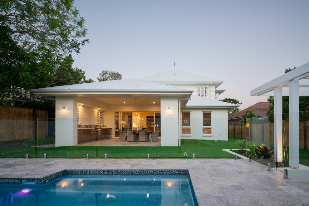 Inspiration for a white traditional two floor detached house in Brisbane with a metal roof.