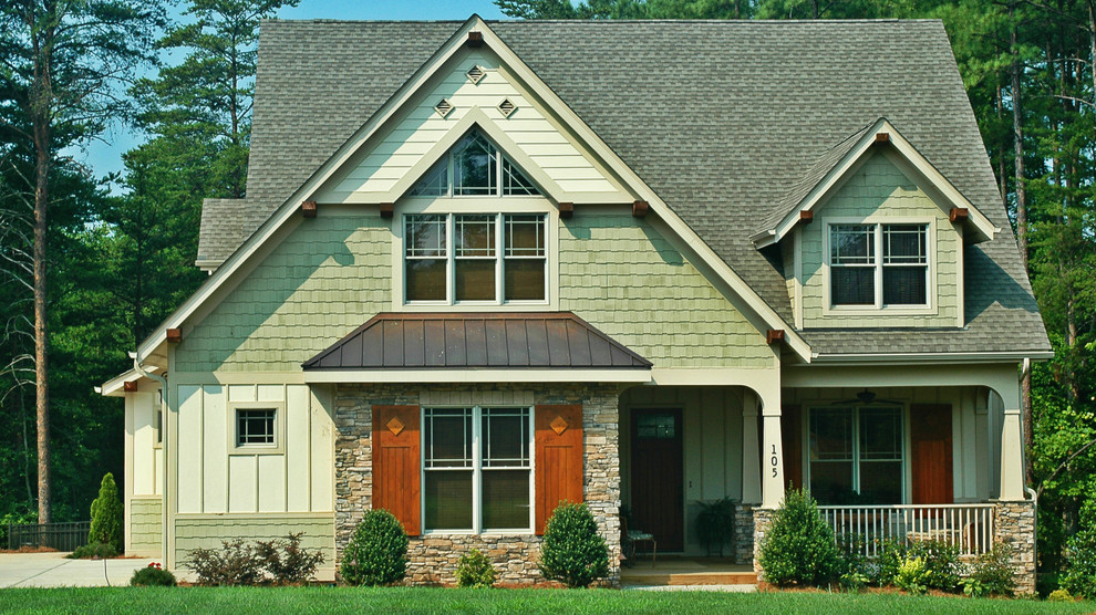 Mid-sized craftsman green two-story wood gable roof idea in Charlotte