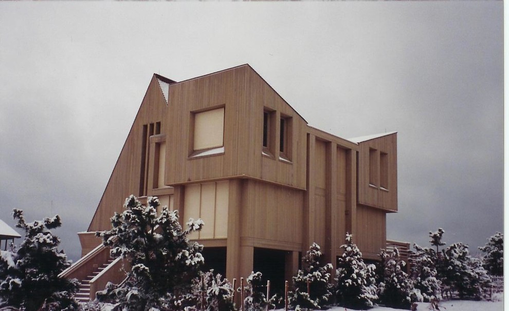 Idee per la facciata di una casa grande grigia moderna a due piani con rivestimento in legno