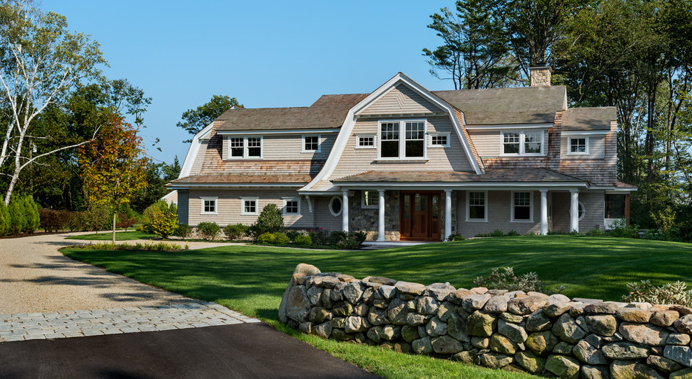 Large coastal gray two-story wood house exterior idea in Boston with a gambrel roof and a shingle roof