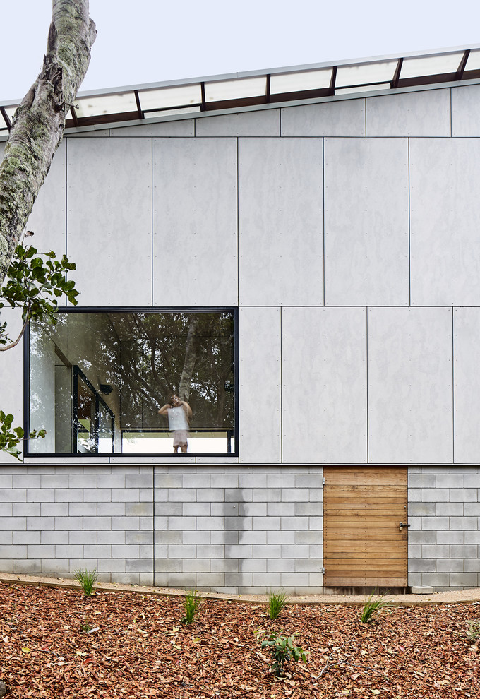 Ispirazione per la villa grigia contemporanea a due piani di medie dimensioni con rivestimento con lastre in cemento, copertura in metallo o lamiera e tetto piano
