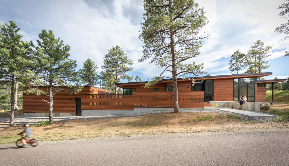 Inspiration for a midcentury bungalow detached house in Denver with wood cladding and a lean-to roof.