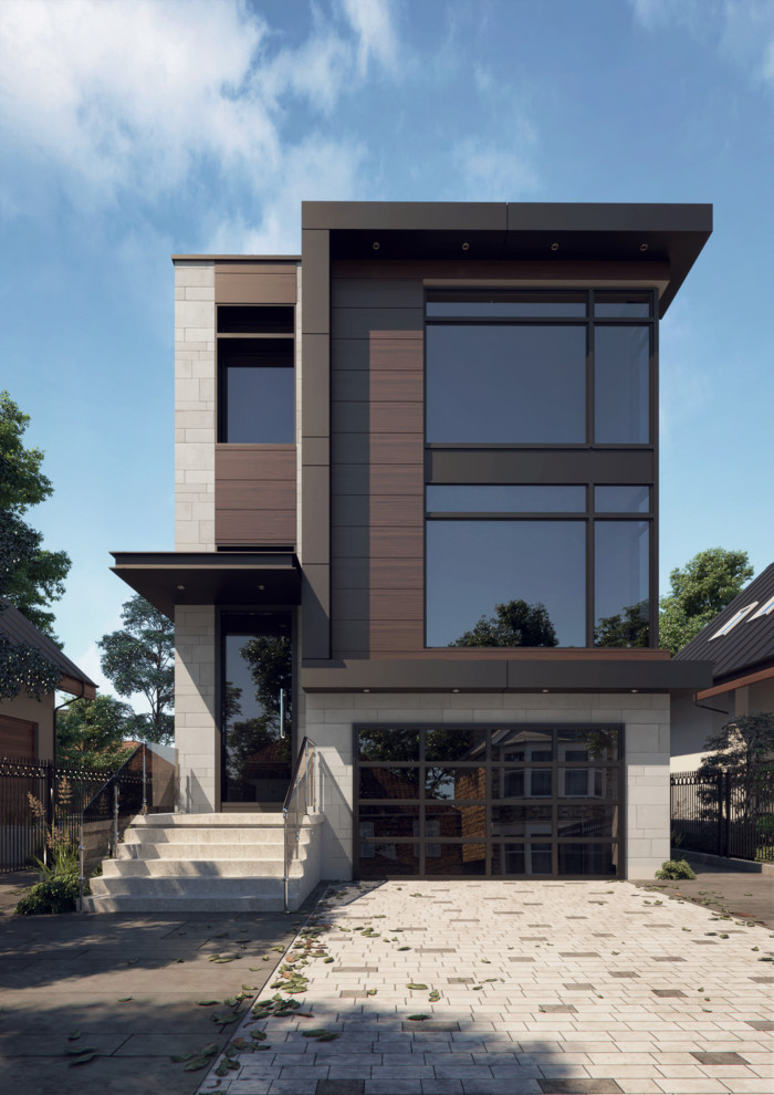 Стильный дизайн: двухэтажный, белый частный загородный дом среднего размера в стиле модернизм с облицовкой из камня и плоской крышей - последний тренд