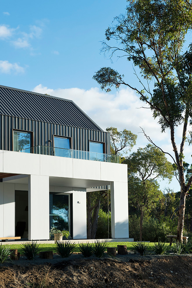 Источник вдохновения для домашнего уюта: двухэтажный, белый частный загородный дом среднего размера в современном стиле с облицовкой из металла, двускатной крышей и металлической крышей