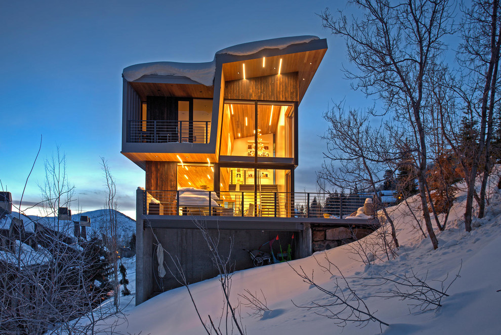 Стильный дизайн: двухэтажный, деревянный частный загородный дом в современном стиле с односкатной крышей - последний тренд