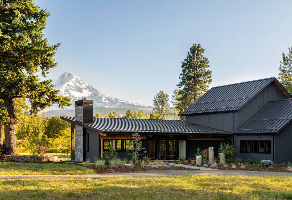 Cette photo montre une grande façade de maison noire montagne en bois de plain-pied avec un toit en appentis et un toit en métal.