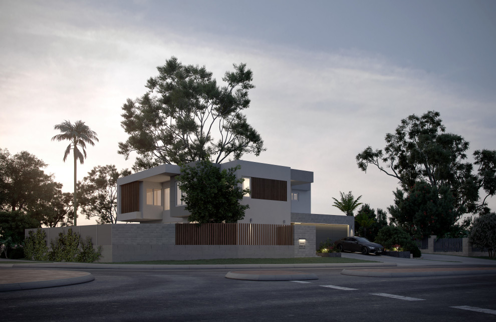 Mittelgroßes, Zweistöckiges Modernes Einfamilienhaus mit Faserzement-Fassade, weißer Fassadenfarbe, Flachdach, Blechdach und grauem Dach in Perth