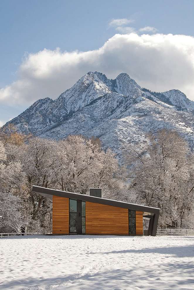 Kleine, Einstöckige Rustikale Holzfassade Haus mit brauner Fassadenfarbe und Pultdach in Salt Lake City