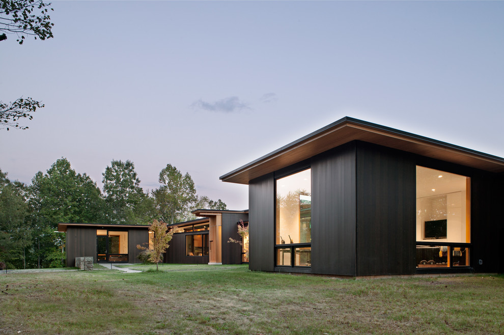 Идея дизайна: одноэтажный, деревянный, черный частный загородный дом в стиле модернизм с односкатной крышей