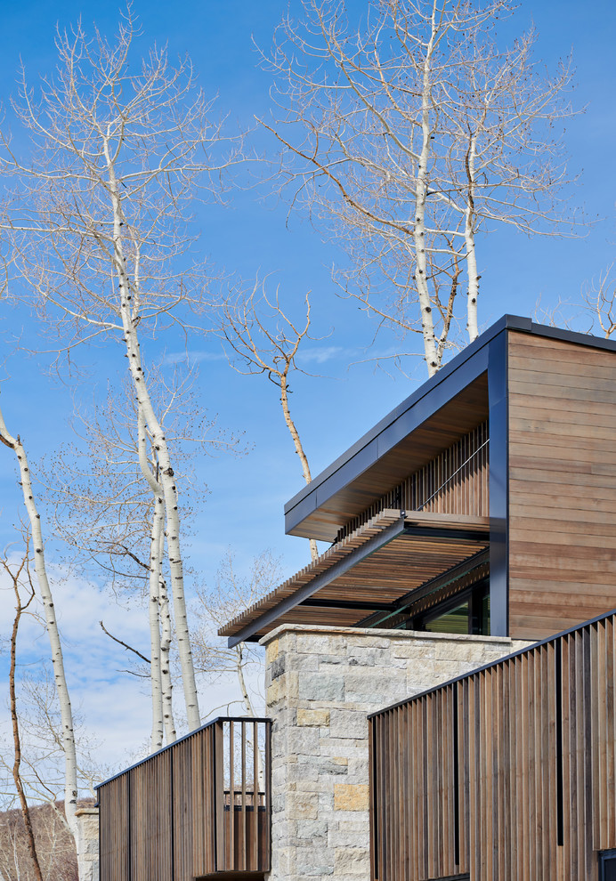 Cette photo montre une grande façade de maison marron moderne en bois à un étage avec un toit plat et un toit en métal.