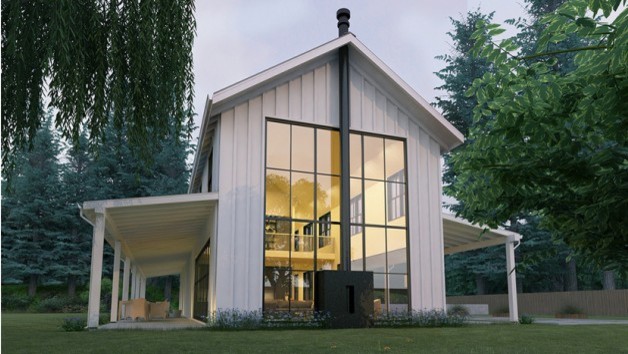 Inspiration för mellanstora lantliga vita hus, med två våningar och tak i metall