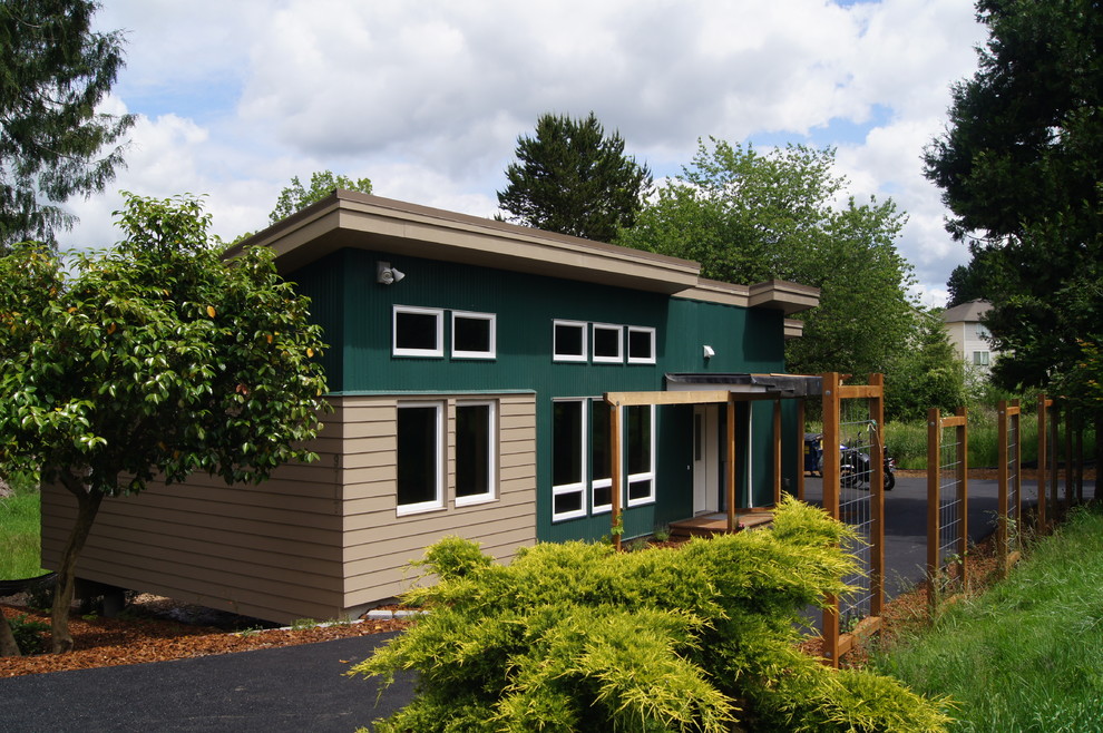 Aménagement d'une façade de maison verte moderne de plain-pied avec un revêtement mixte.