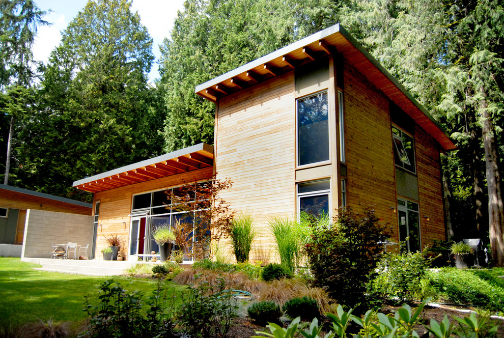 Idee per la villa contemporanea con rivestimento in legno