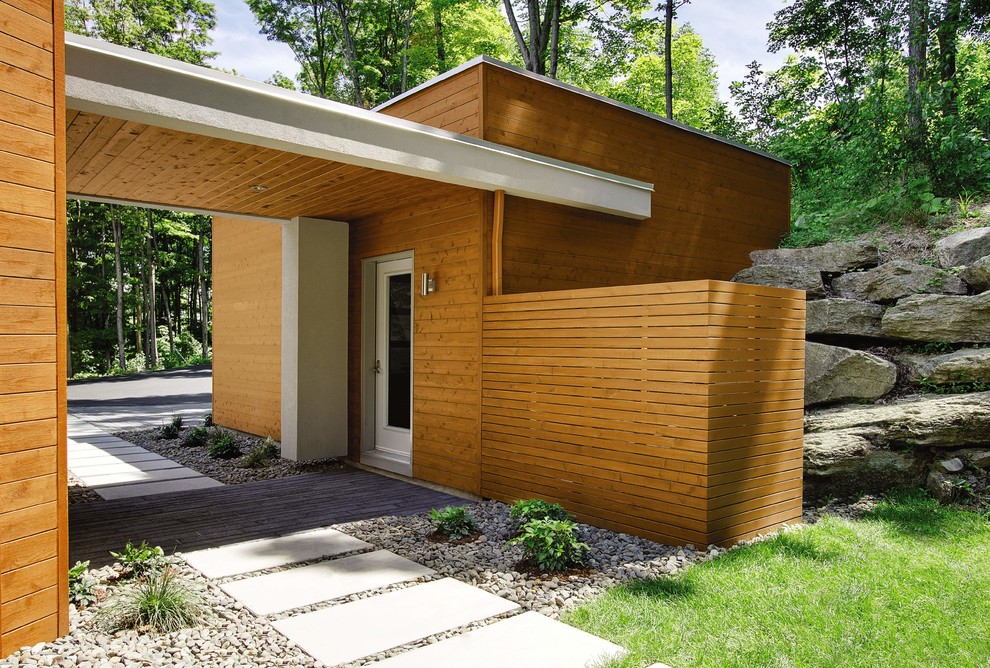 Modelo de fachada marrón minimalista pequeña de una planta con revestimiento de madera y tejado plano