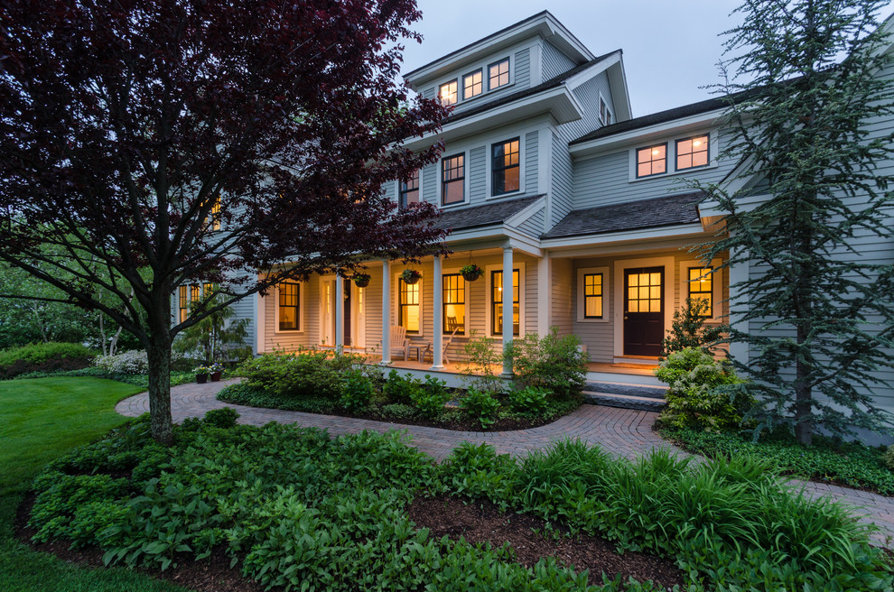 Mid-sized elegant gray three-story vinyl exterior home photo in Boston