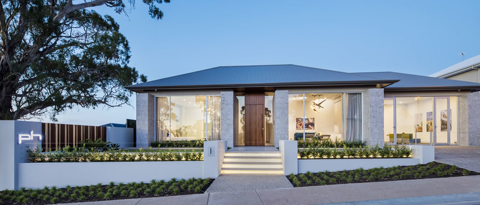 Inspiration for a medium sized and gey contemporary bungalow detached house in Adelaide with stone cladding, a pitched roof and a metal roof.