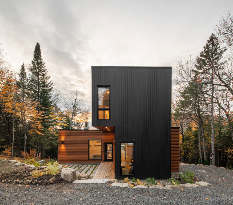 Idées déco pour une façade de maison moderne avec un toit en métal et un toit noir.