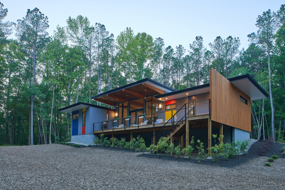 ローリーにある高級な小さなミッドセンチュリースタイルのおしゃれな家の外観 (コンクリート繊維板サイディング、緑化屋根) の写真