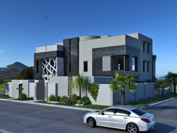 Cette image montre une façade de maison blanche minimaliste de taille moyenne et à deux étages et plus avec un revêtement mixte et un toit à quatre pans.