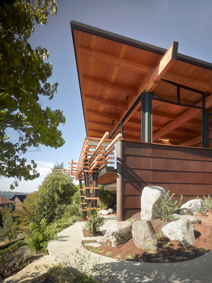 Modern two floor house exterior in Seattle with metal cladding.