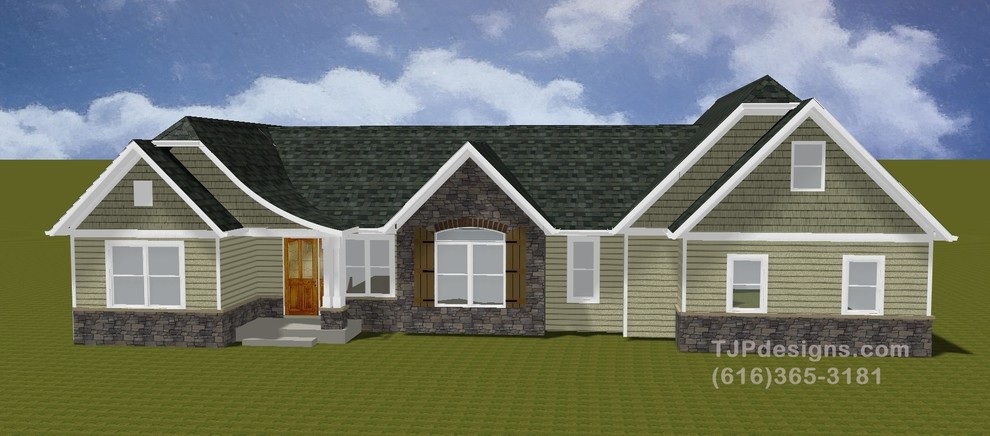 Inspiration pour une façade de maison verte bohème de taille moyenne et de plain-pied avec un revêtement mixte et un toit à deux pans.