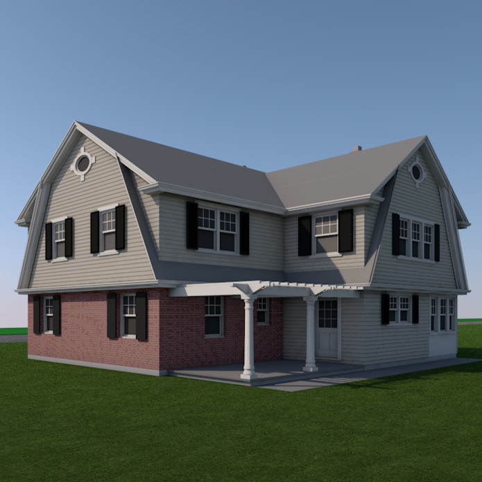 Example of a small classic beige two-story wood exterior home design in New York with a gambrel roof