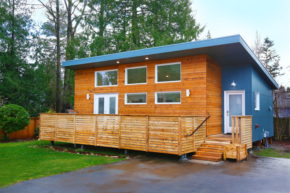 Идея дизайна: маленький, одноэтажный, синий частный загородный дом в скандинавском стиле с комбинированной облицовкой и односкатной крышей для на участке и в саду