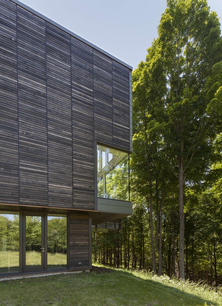 This is an example of a brown modern house exterior in New York with wood cladding and a flat roof.