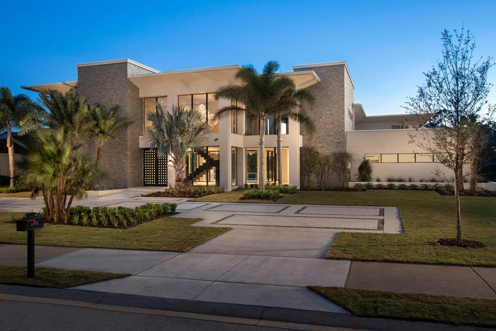 Cette image montre une grande façade de maison marron minimaliste en stuc à un étage avec un toit plat.
