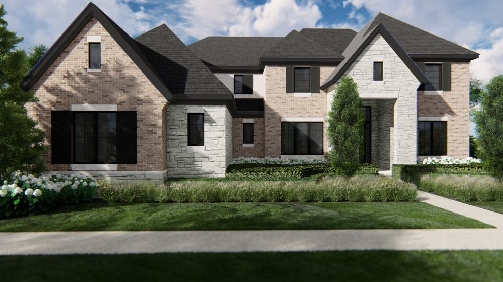 Diseño de fachada de casa gris clásica grande de dos plantas con revestimiento de piedra y tejado de teja de madera