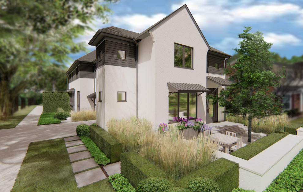 Imagen de fachada de casa gris campestre de tamaño medio de dos plantas con tejado de varios materiales y revestimientos combinados