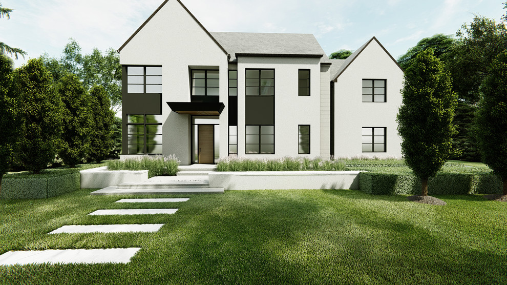 Modelo de fachada de casa blanca minimalista de tamaño medio de dos plantas con revestimiento de estuco, tejado a dos aguas y tejado de teja de madera