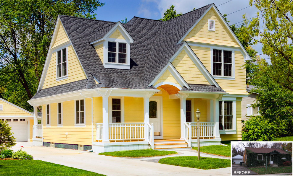 Diseño de fachada de casa amarilla clásica de tamaño medio de dos plantas con revestimiento de madera, tejado a dos aguas y tejado de teja de madera