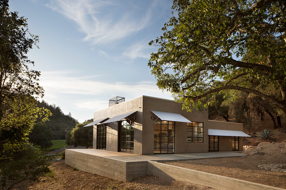 Diseño de fachada de casa contemporánea de una planta con tejado plano