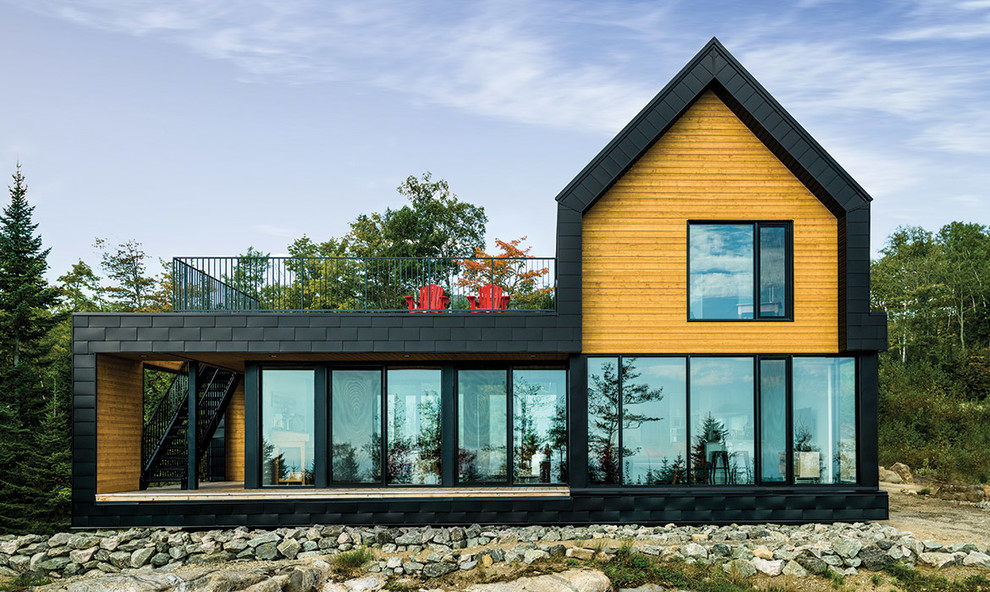 Idées déco pour une grande façade de maison noire contemporaine en bois à un étage.