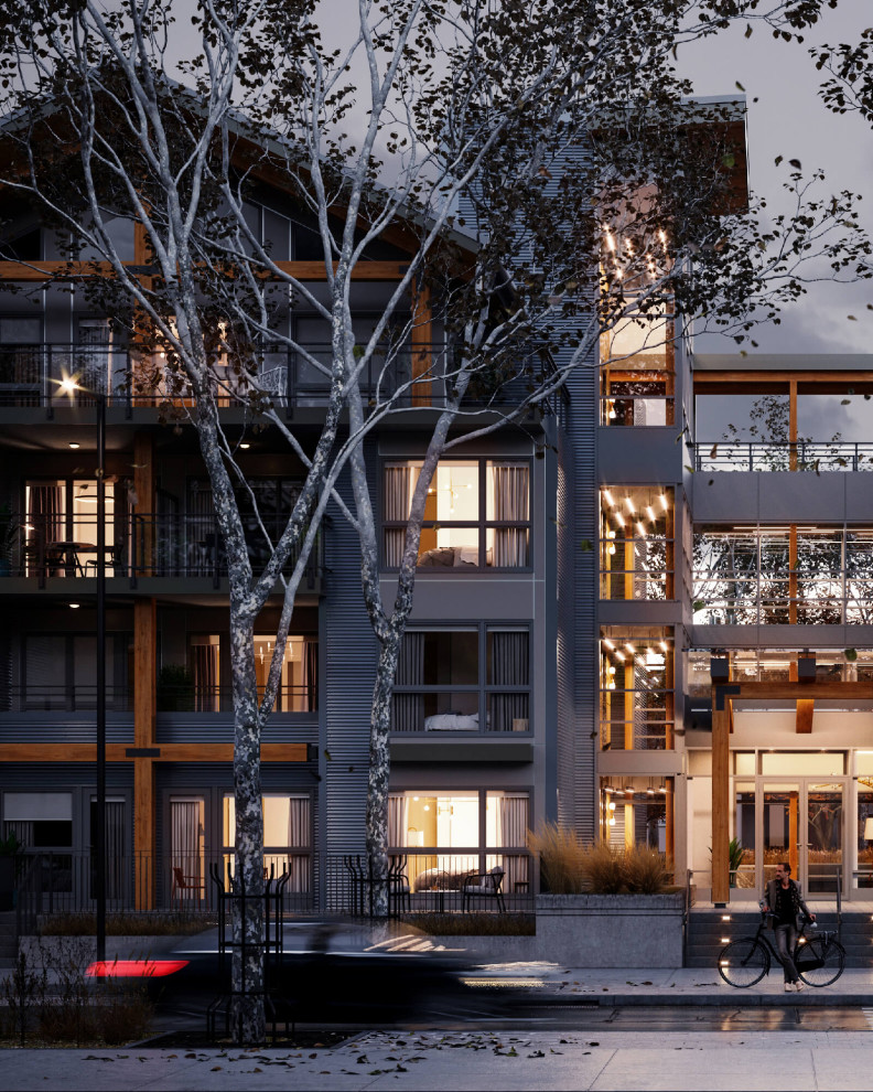 Großes, Vierstöckiges Modernes Haus mit grauer Fassadenfarbe, Satteldach und Misch-Dachdeckung in Vancouver