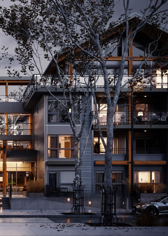 Свежая идея для дизайна: большой, четырехэтажный, деревянный, серый многоквартирный дом в современном стиле с двускатной крышей и крышей из смешанных материалов - отличное фото интерьера