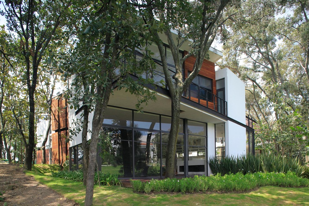 Imagen de fachada blanca contemporánea de tamaño medio a niveles con revestimiento de hormigón