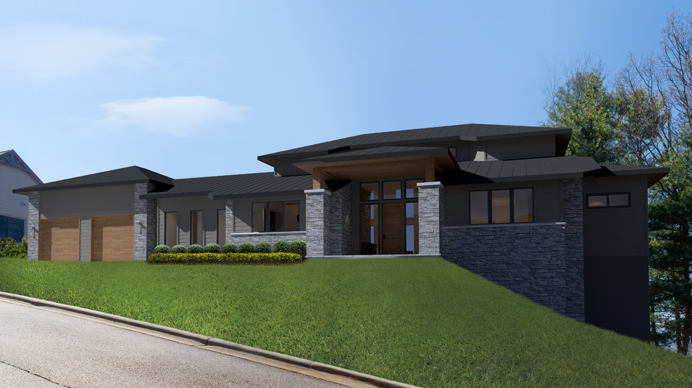 Idée de décoration pour une façade de maison marron minimaliste de taille moyenne et à un étage avec un revêtement mixte, un toit à quatre pans et un toit en métal.