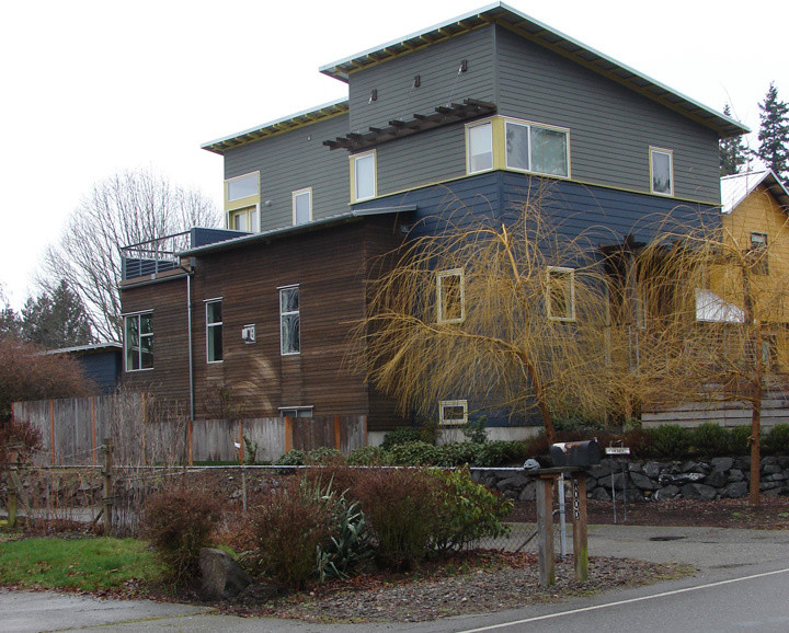 Esempio della casa con tetto a falda unica blu contemporaneo a tre piani di medie dimensioni con rivestimento con lastre in cemento