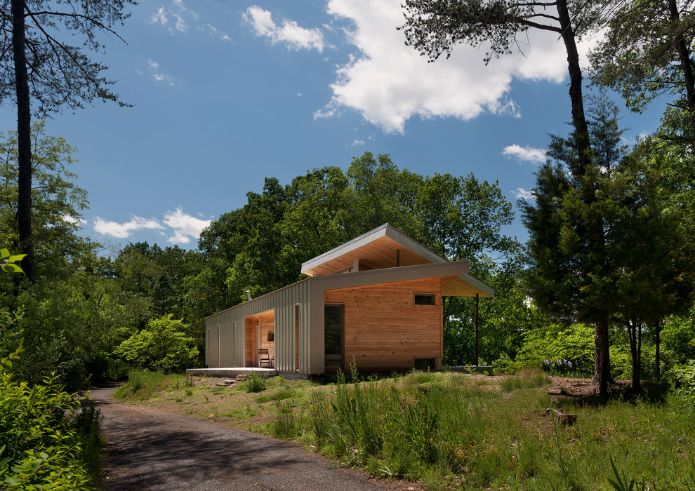 Cette photo montre une petite façade de maison marron tendance en bois de plain-pied avec un toit en appentis.