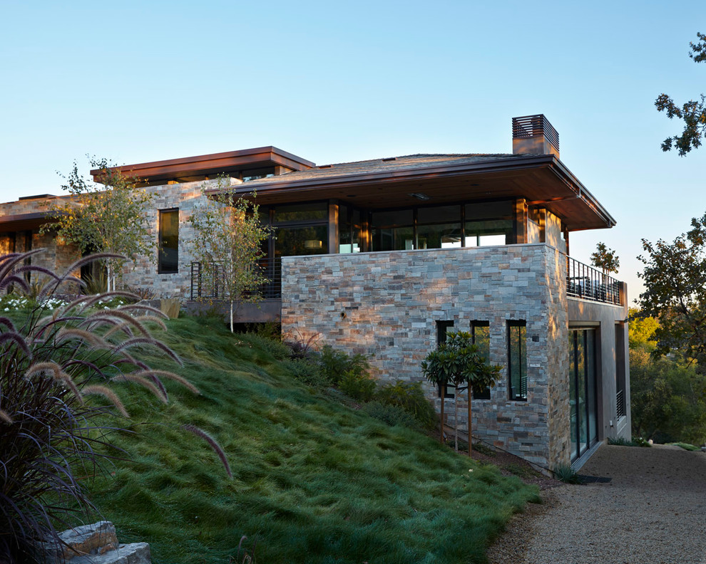 Inspiration pour une grande façade de maison grise design en pierre à un étage avec un toit plat.