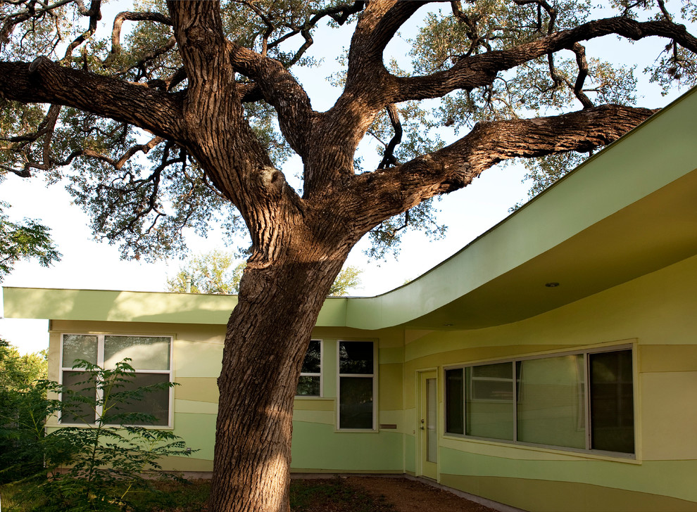 Photo of a green midcentury bungalow house exterior in Austin with concrete fibreboard cladding.