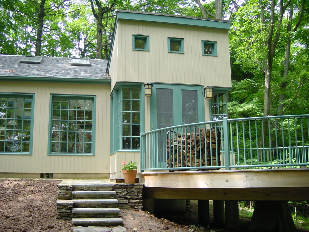 Источник вдохновения для домашнего уюта: одноэтажный, деревянный, бежевый дом среднего размера в современном стиле с односкатной крышей