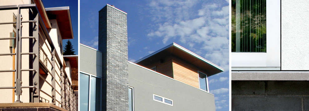 Источник вдохновения для домашнего уюта: большой, трехэтажный, разноцветный многоквартирный дом в стиле модернизм с комбинированной облицовкой и плоской крышей