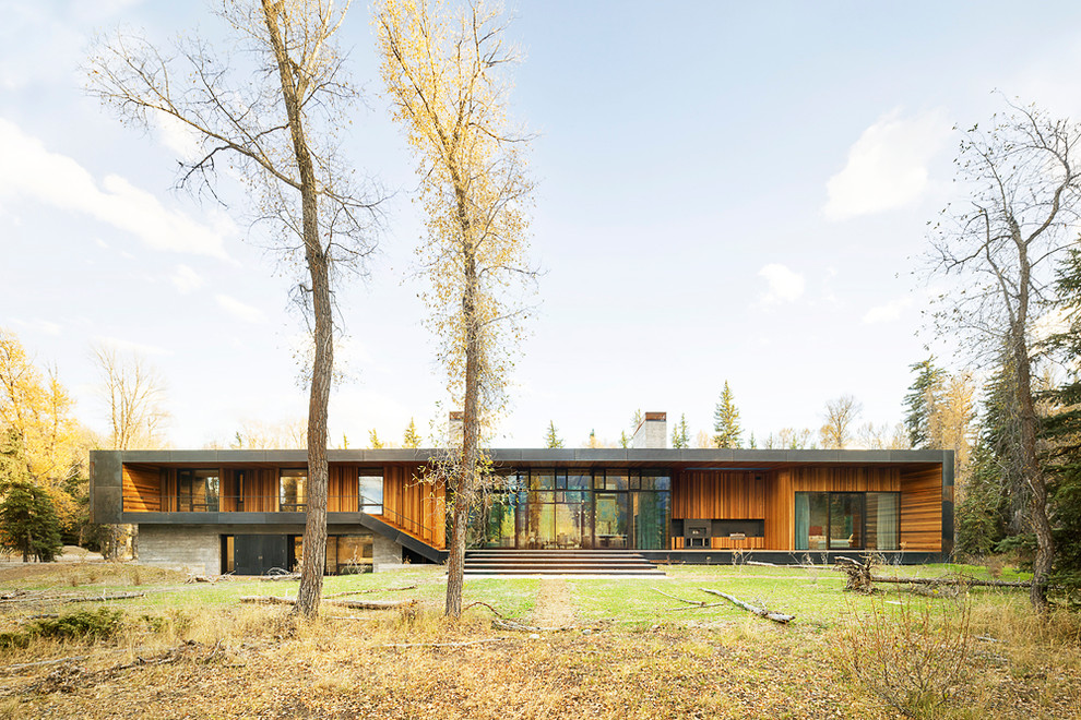 Свежая идея для дизайна: одноэтажный, деревянный, коричневый частный загородный дом в стиле лофт с плоской крышей - отличное фото интерьера