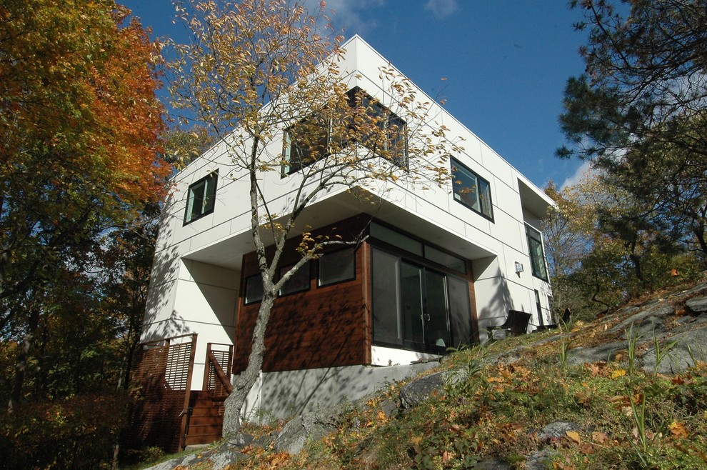 Ispirazione per la facciata di una casa bianca moderna a due piani di medie dimensioni con rivestimenti misti e tetto piano