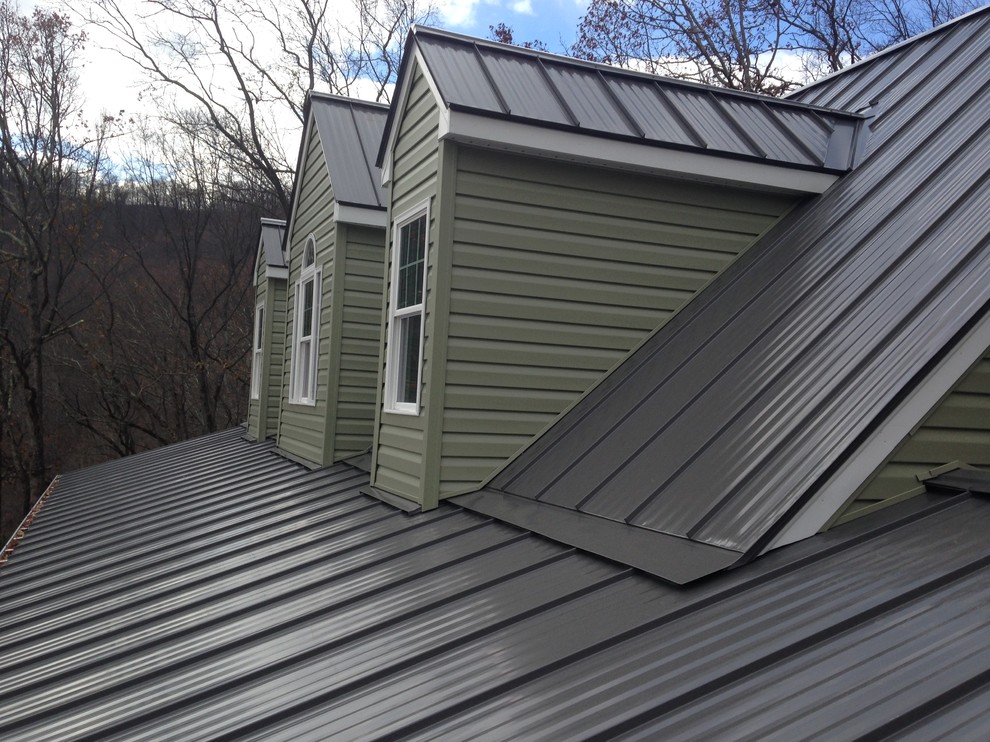 Aménagement d'une grande façade de maison verte rétro à un étage avec un revêtement en vinyle, un toit à deux pans et un toit en métal.